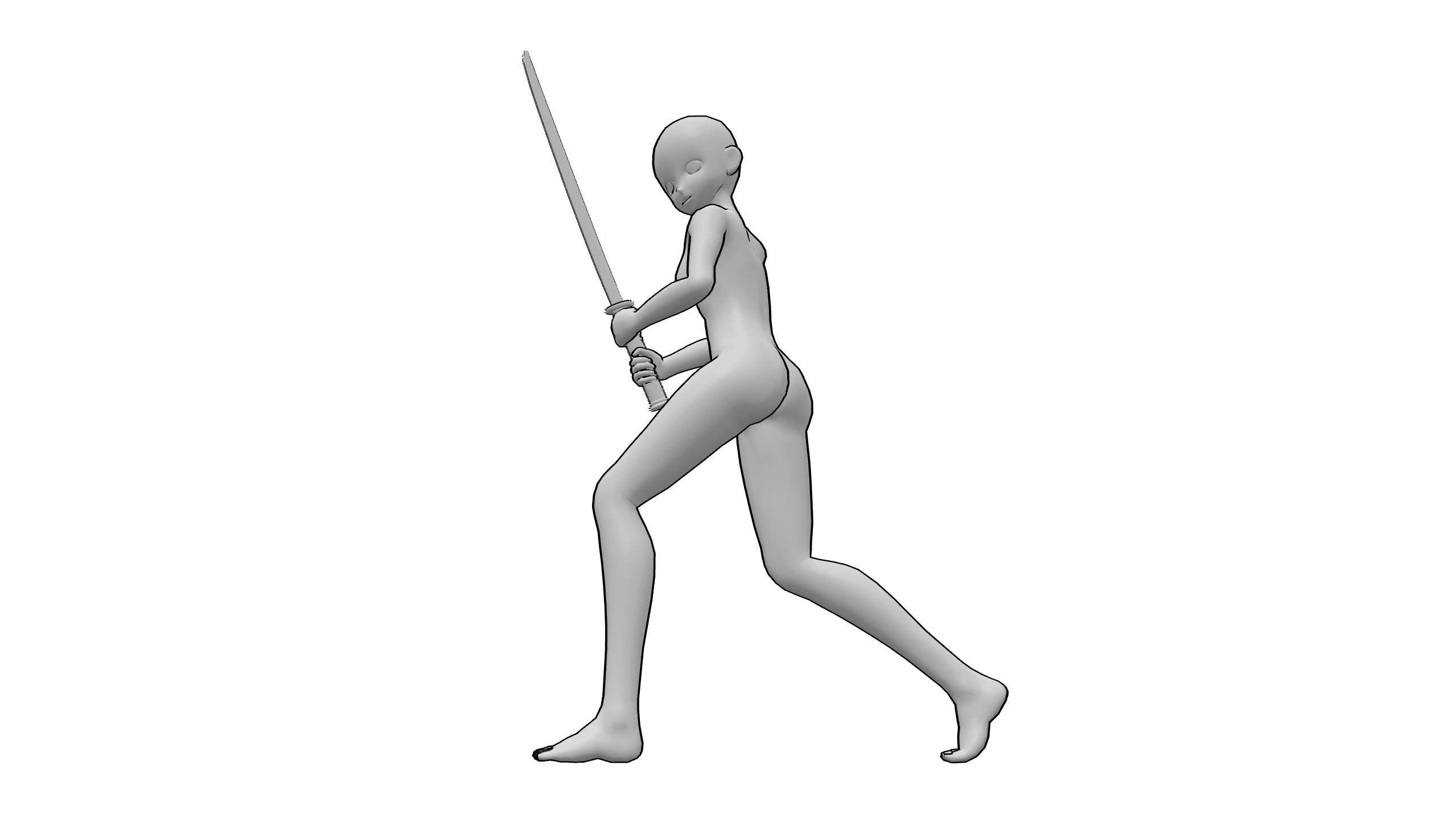 姿势资料- 手持武士刀的动漫人物左顾右盼的姿势 - 动漫女性站立，双手持武士刀，左顾右盼